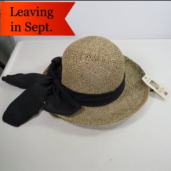 Tan straw woven hat with fabric black bow Vintage NEW - Picture 1 of 7